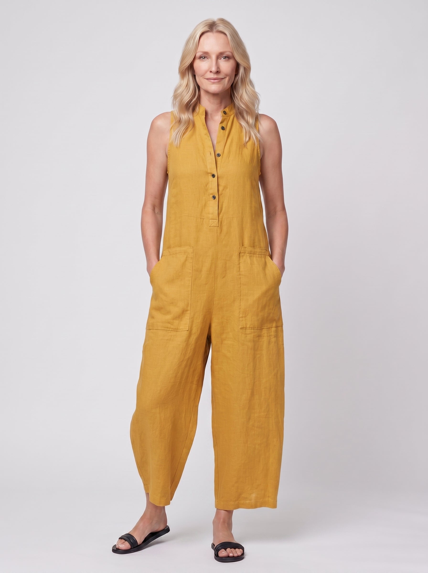 Sofia - Sleeveless Jumpsuit with Button Closure — Yellow_front