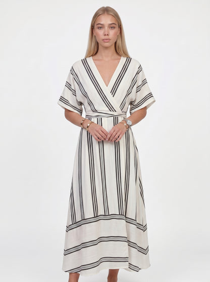 Sofia | Striped Flowy Maxi Dress with Wrap V-Neck — Apricot_front