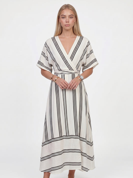 Sofia | Striped Flowy Maxi Dress with Wrap V-Neck — Apricot_front