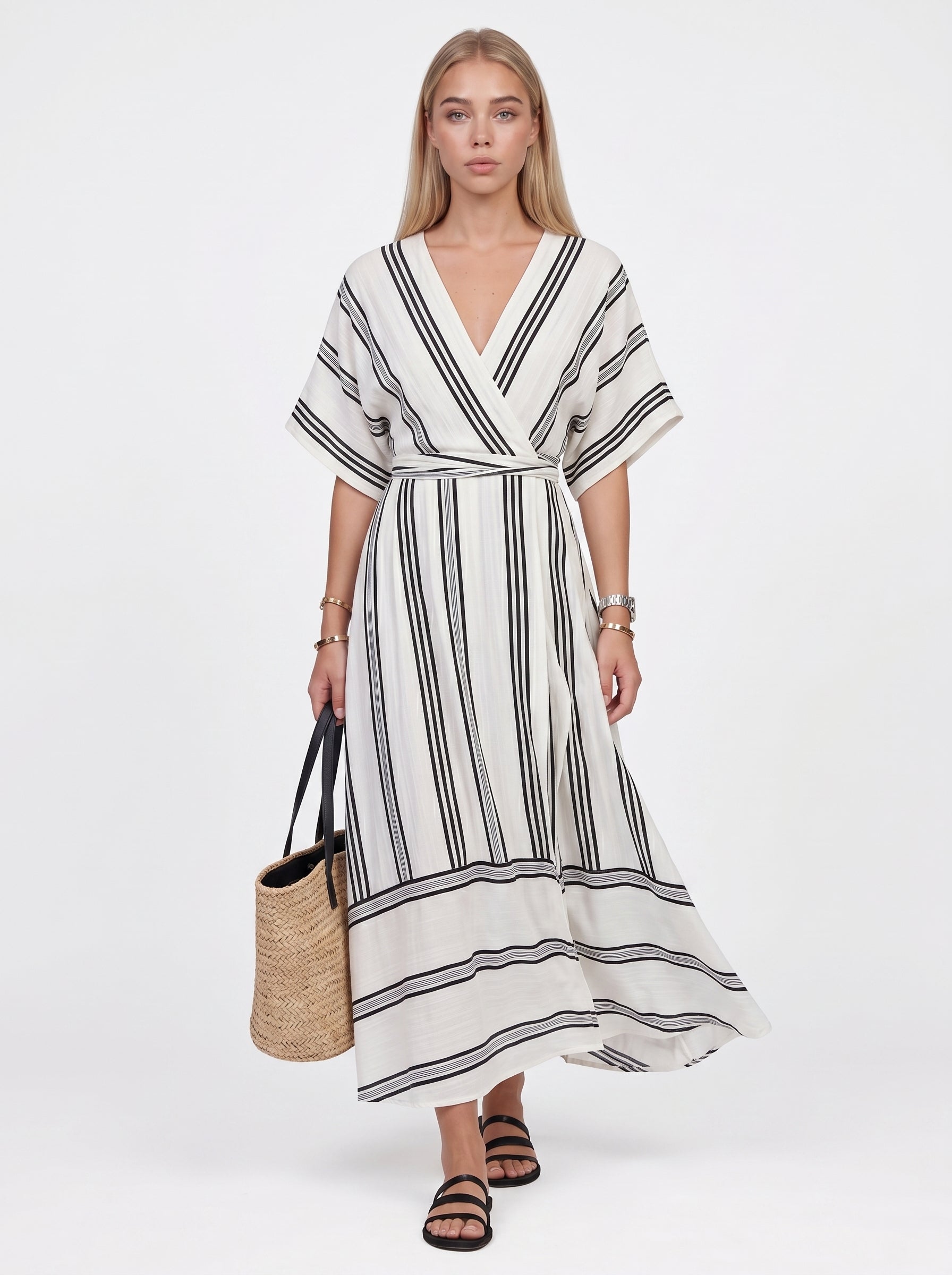 Sofia | Striped Flowy Maxi Dress with Wrap V-Neck — White_front
