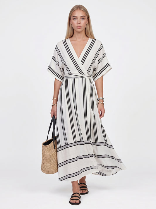 Sofia | Striped Flowy Maxi Dress with Wrap V-Neck — White_front