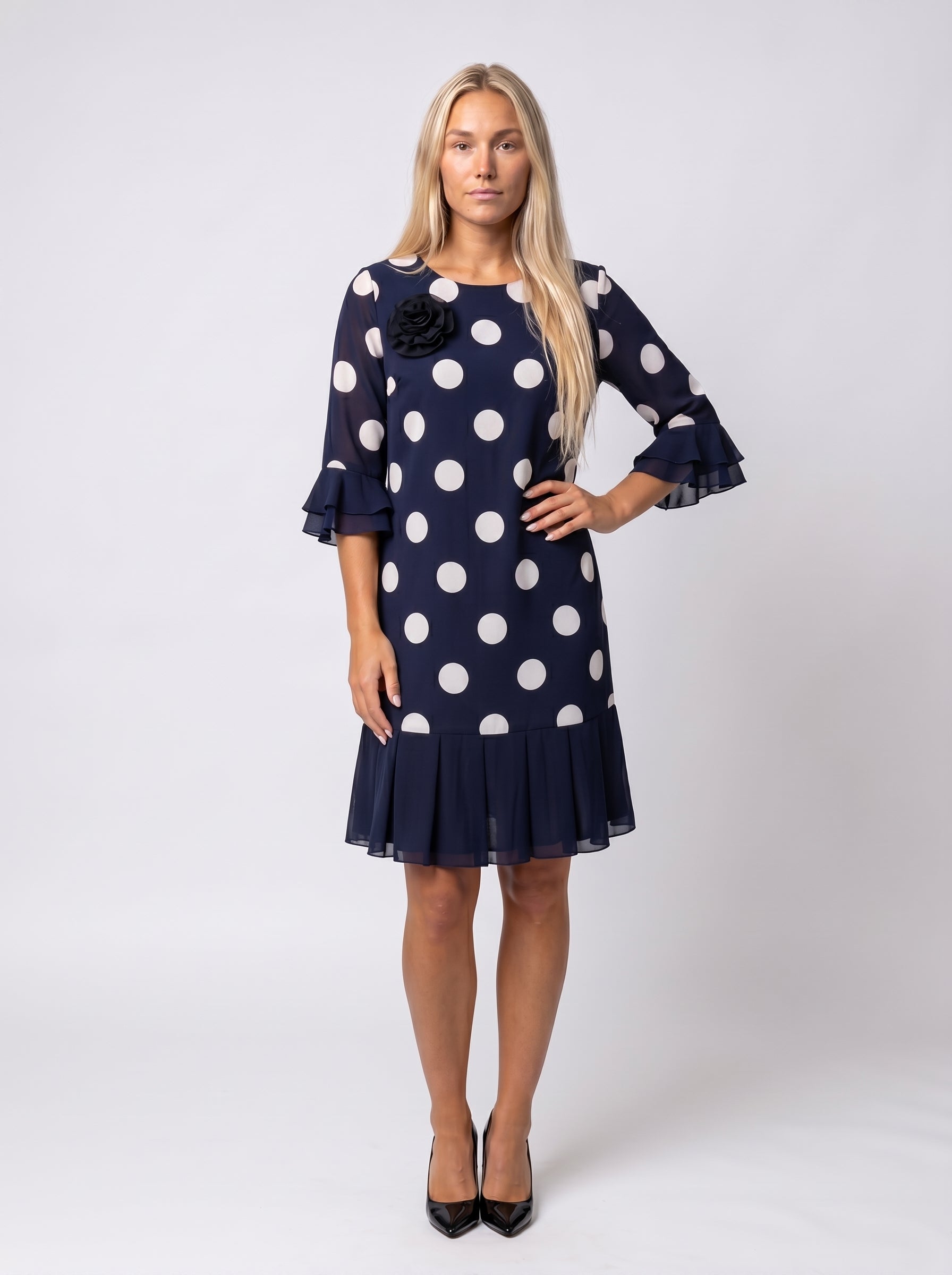 Stella | Charming Polka Dot Midi Dress with Flared Hem & Bell Sleeves — White_front