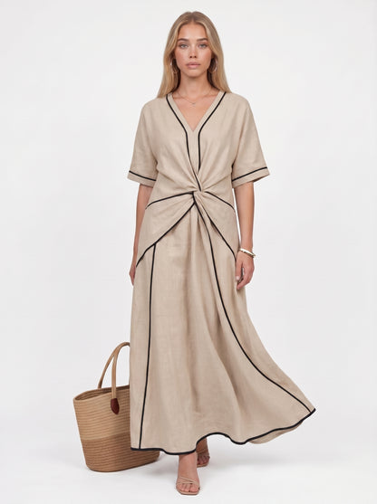 Stella | Effortless Flowy Maxi Dress with Contrast Trim & Twist Waist — Beige_front