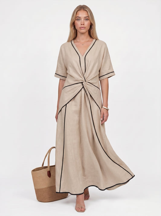 Stella | Effortless Flowy Maxi Dress with Contrast Trim & Twist Waist — Beige_front