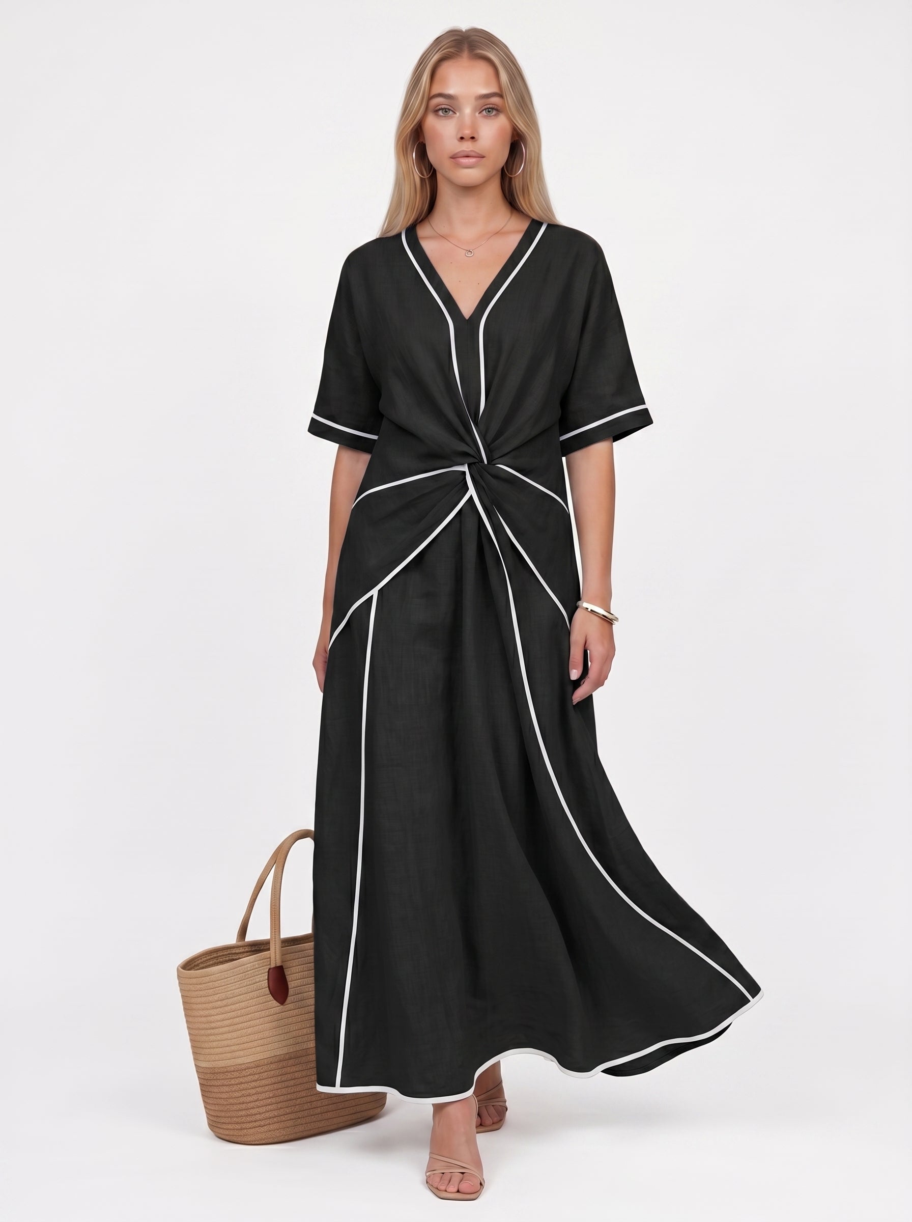 Stella | Effortless Flowy Maxi Dress with Contrast Trim & Twist Waist — Black_front