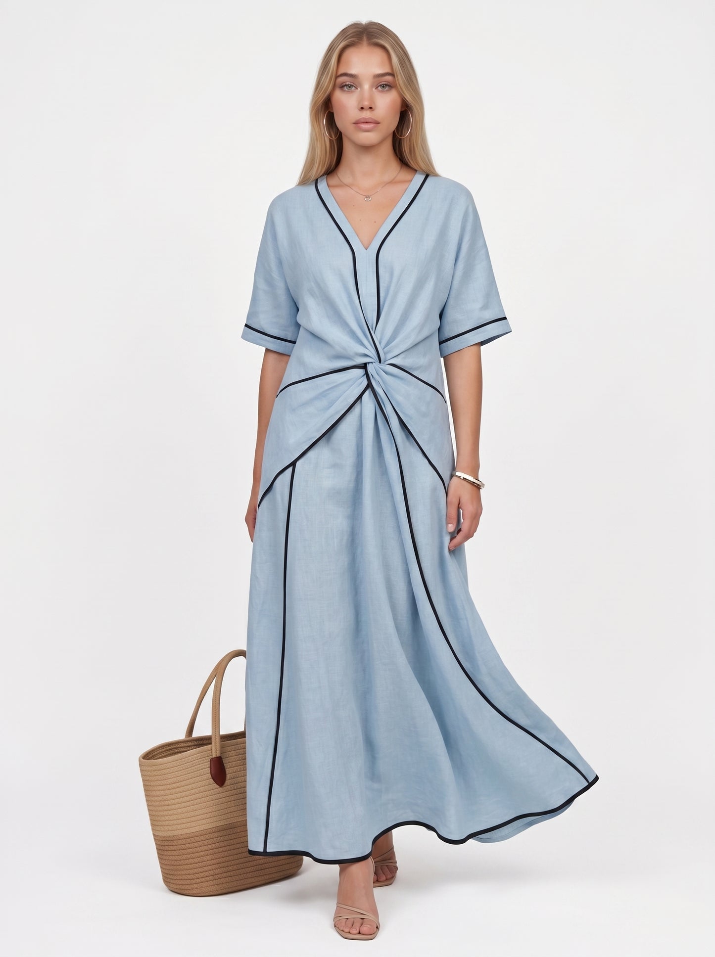 Stella | Effortless Flowy Maxi Dress with Contrast Trim & Twist Waist — Blue_front