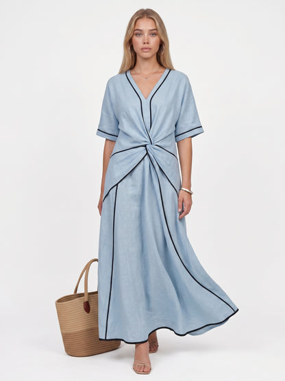 Stella | Effortless Flowy Maxi Dress with Contrast Trim & Twist Waist — Blue_front