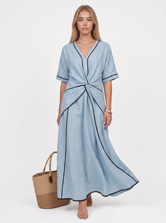 Stella | Effortless Flowy Maxi Dress with Contrast Trim & Twist Waist — Blue_front