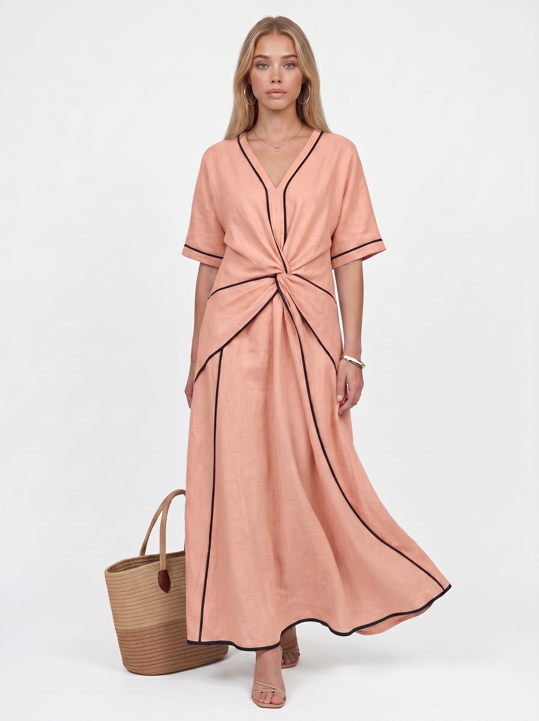 Stella | Effortless Flowy Maxi Dress with Contrast Trim & Twist Waist — Orange_front