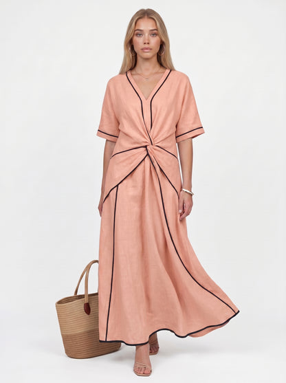 Stella | Effortless Flowy Maxi Dress with Contrast Trim & Twist Waist — Orange_front