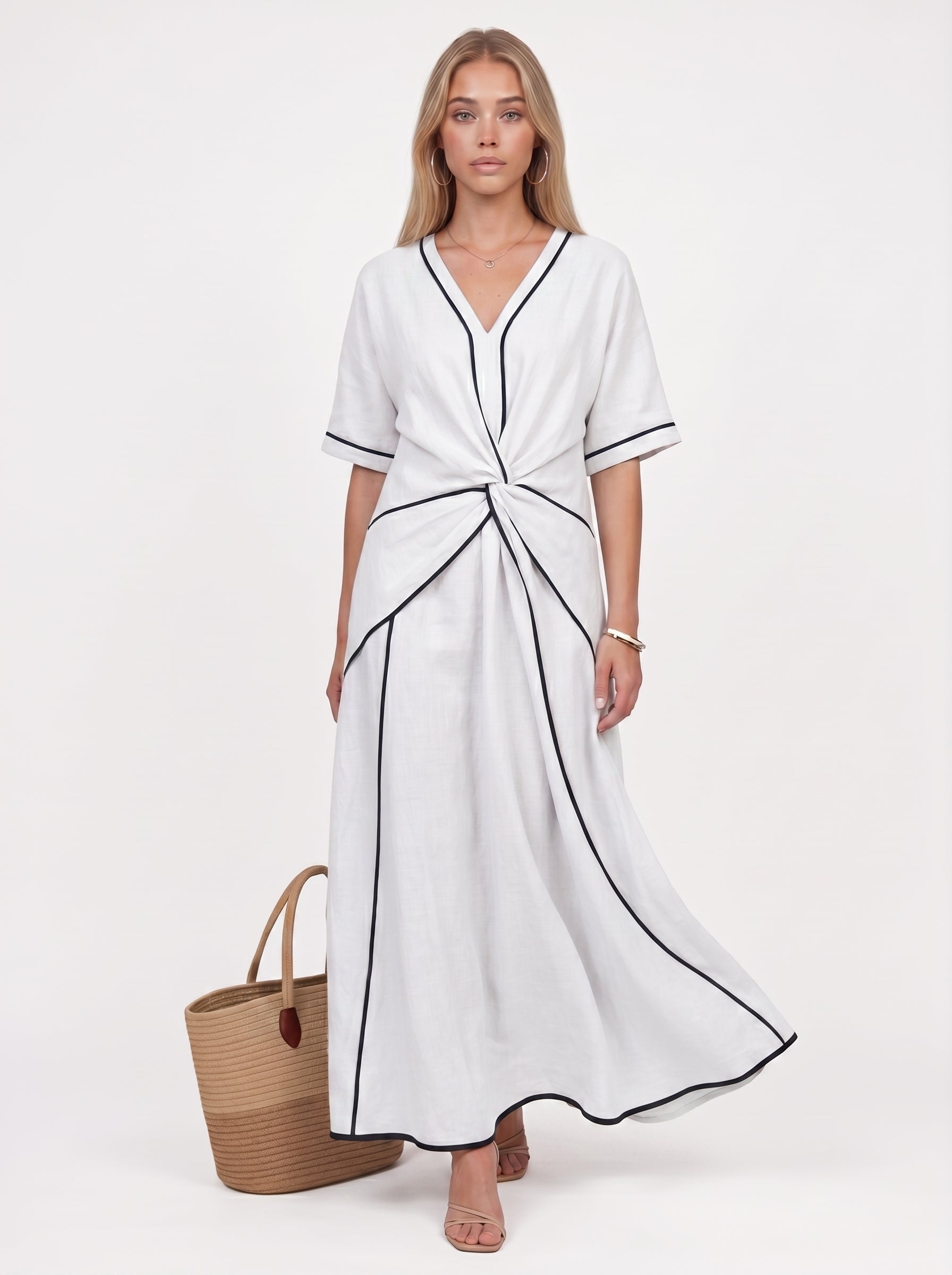 Stella | Effortless Flowy Maxi Dress with Contrast Trim & Twist Waist — White_front