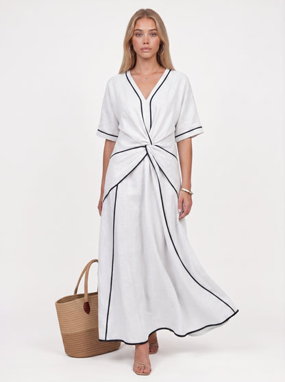Stella | Effortless Flowy Maxi Dress with Contrast Trim & Twist Waist — White_front