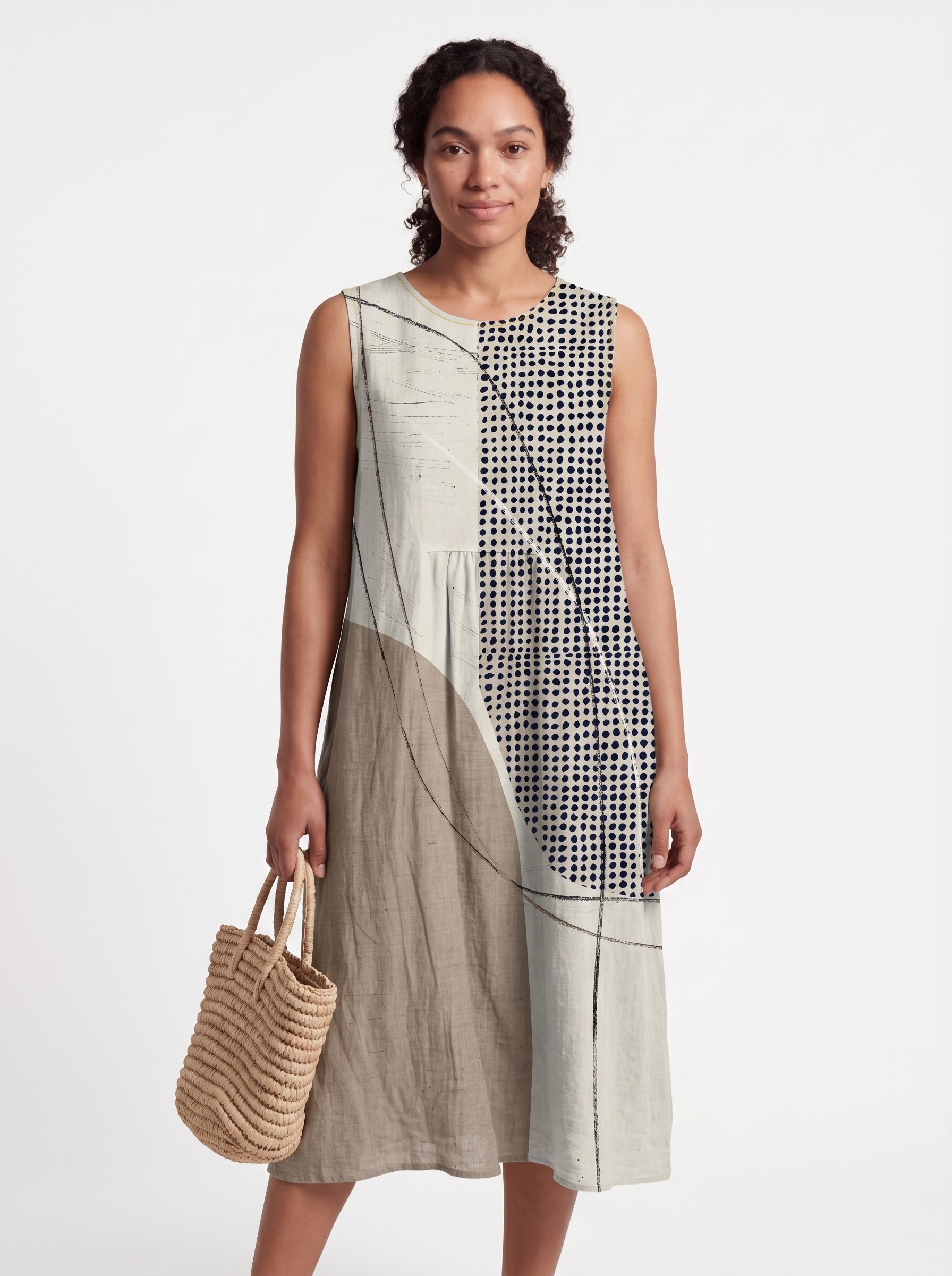 Stella | Effortless Sleeveless Midi Sundress with Geometric Color-Block Print — front