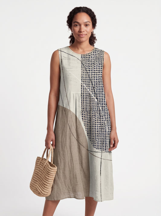 Stella | Effortless Sleeveless Midi Sundress with Geometric Color-Block Print — front