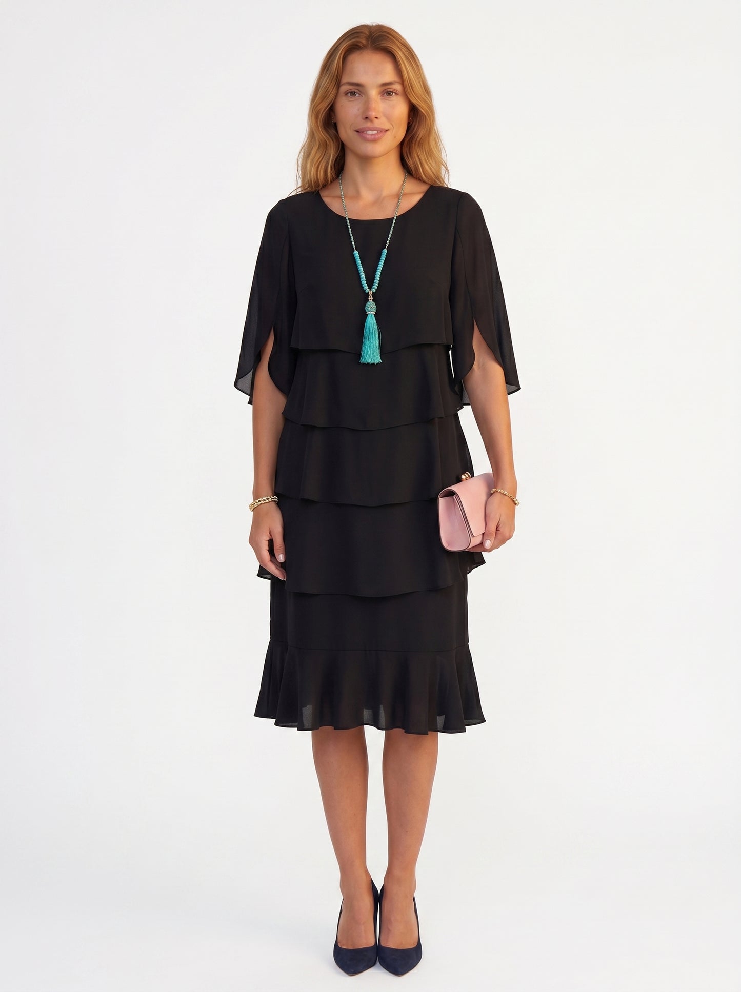 Stella | Elegant Tiered Midi Dress with Ruffle Hem — Black_front