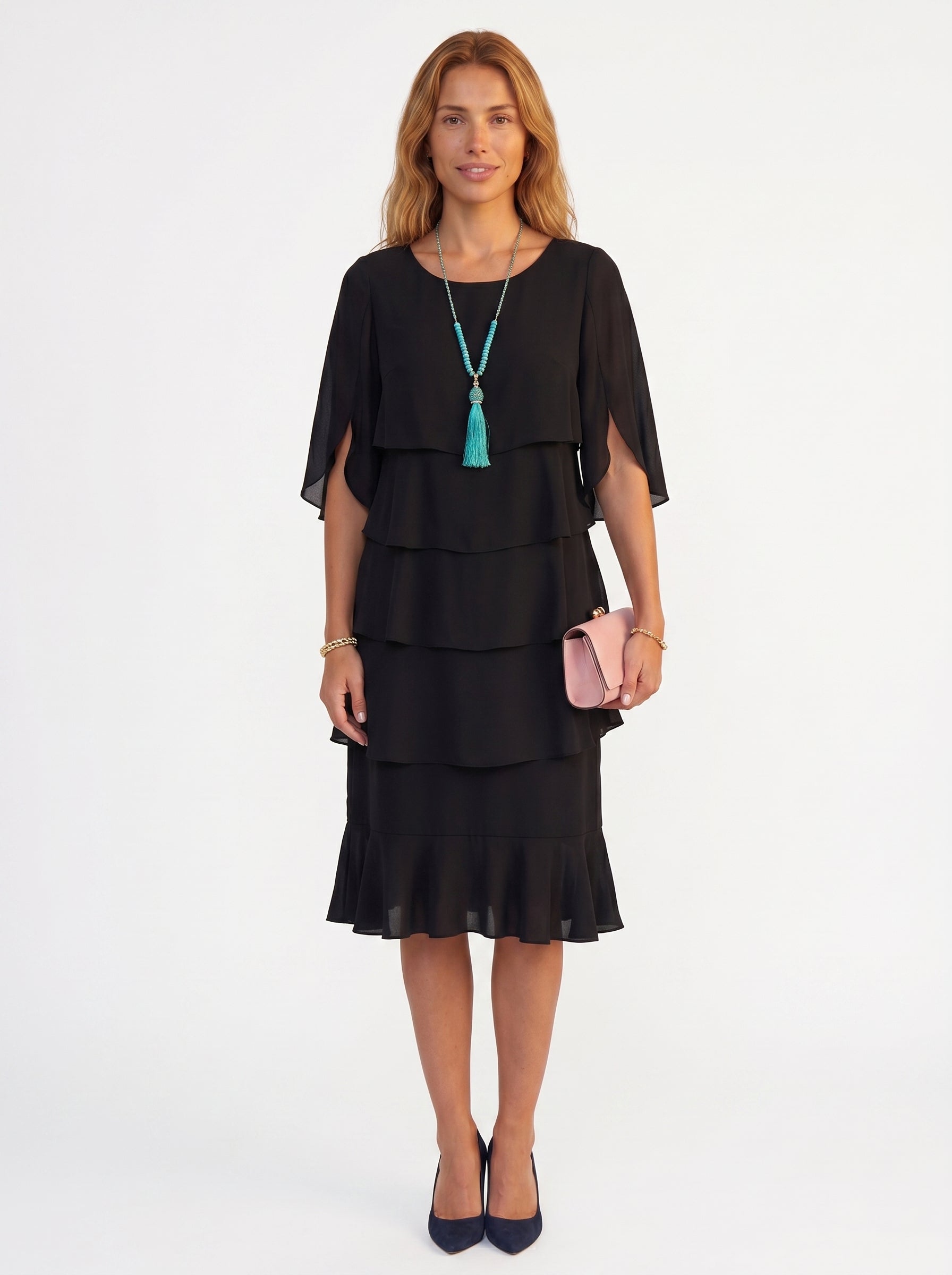 Stella | Elegant Tiered Midi Dress with Ruffle Hem — Black_front