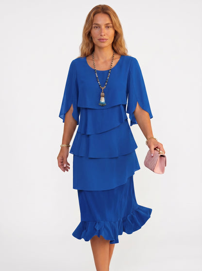 Stella | Elegant Tiered Midi Dress with Ruffle Hem — Blue_front