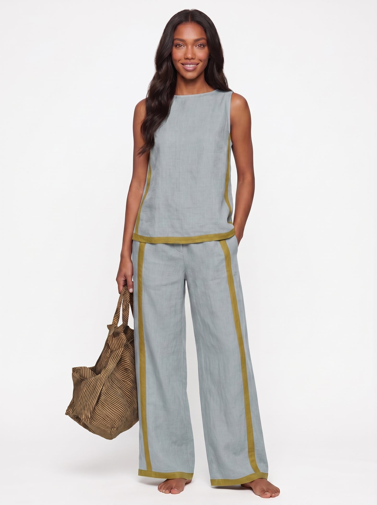 Stella | Sleek Linen Wide Leg Pants Two Piece Set with Contrast Trim — Blue_front