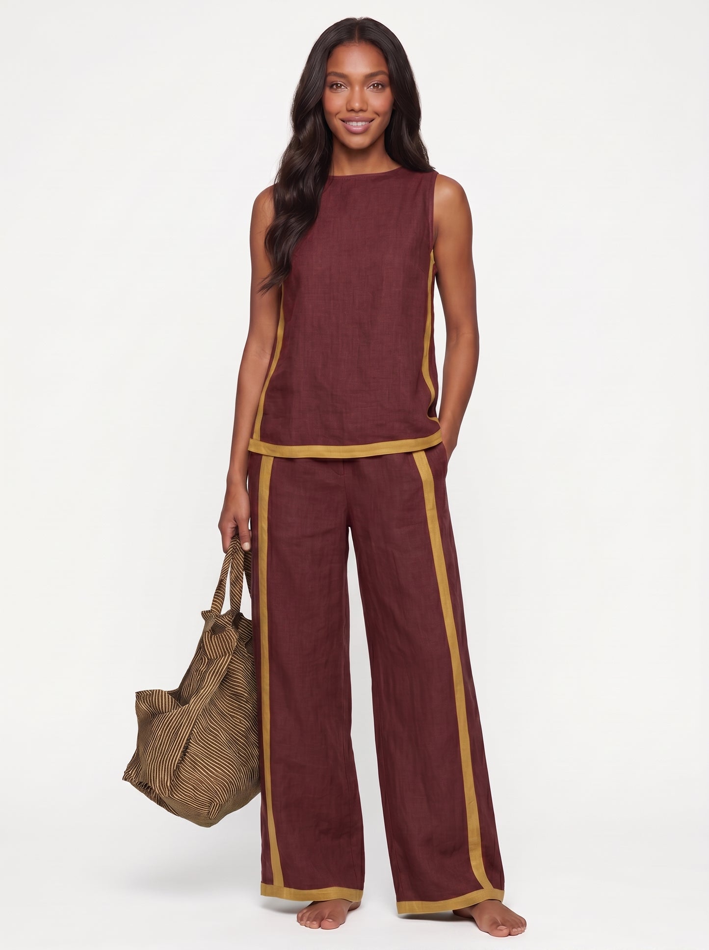 Stella | Sleek Linen Wide Leg Pants Two Piece Set with Contrast Trim — Burgundy_front