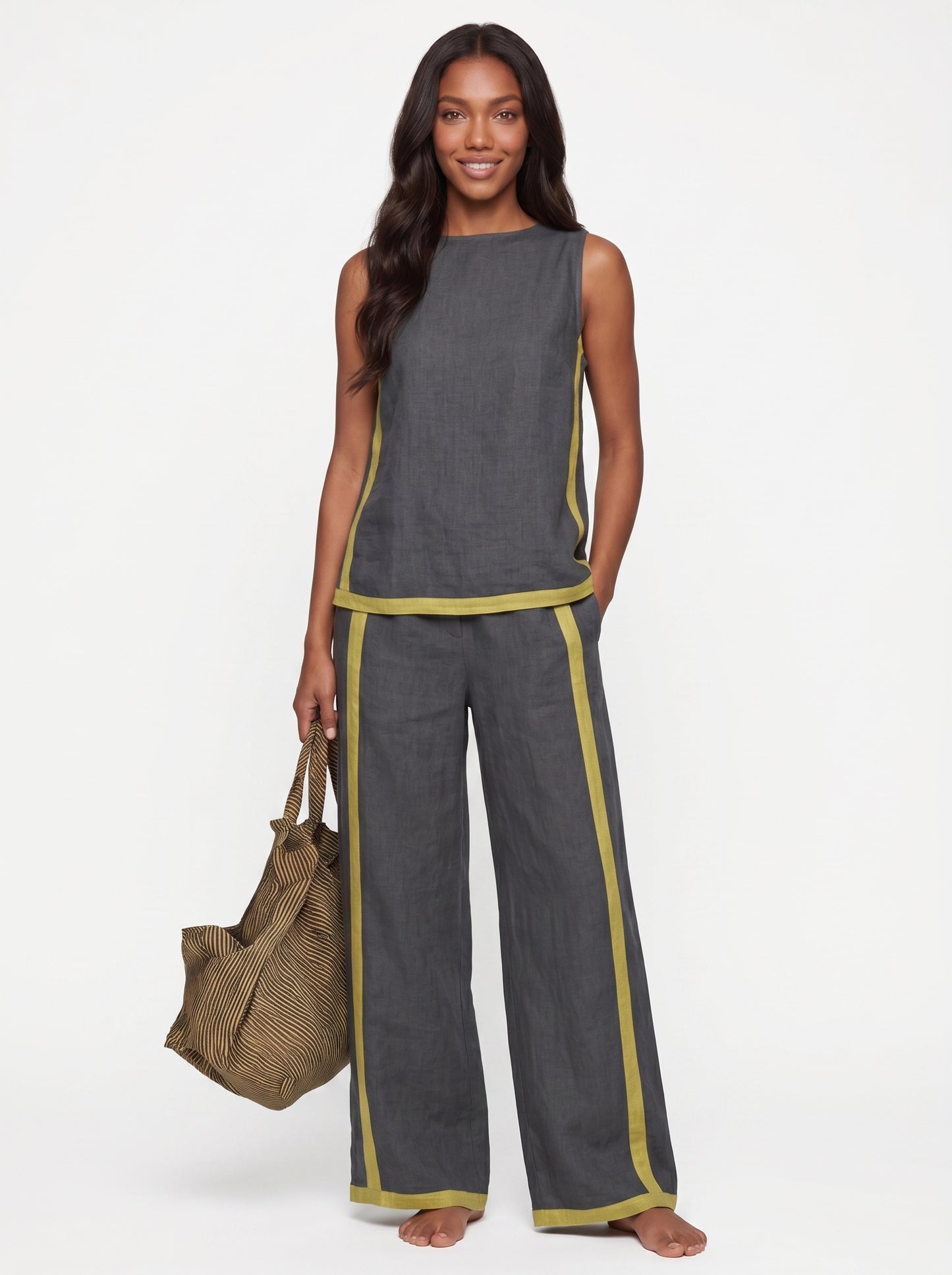 Stella | Sleek Linen Wide Leg Pants Two Piece Set with Contrast Trim — Gray_front
