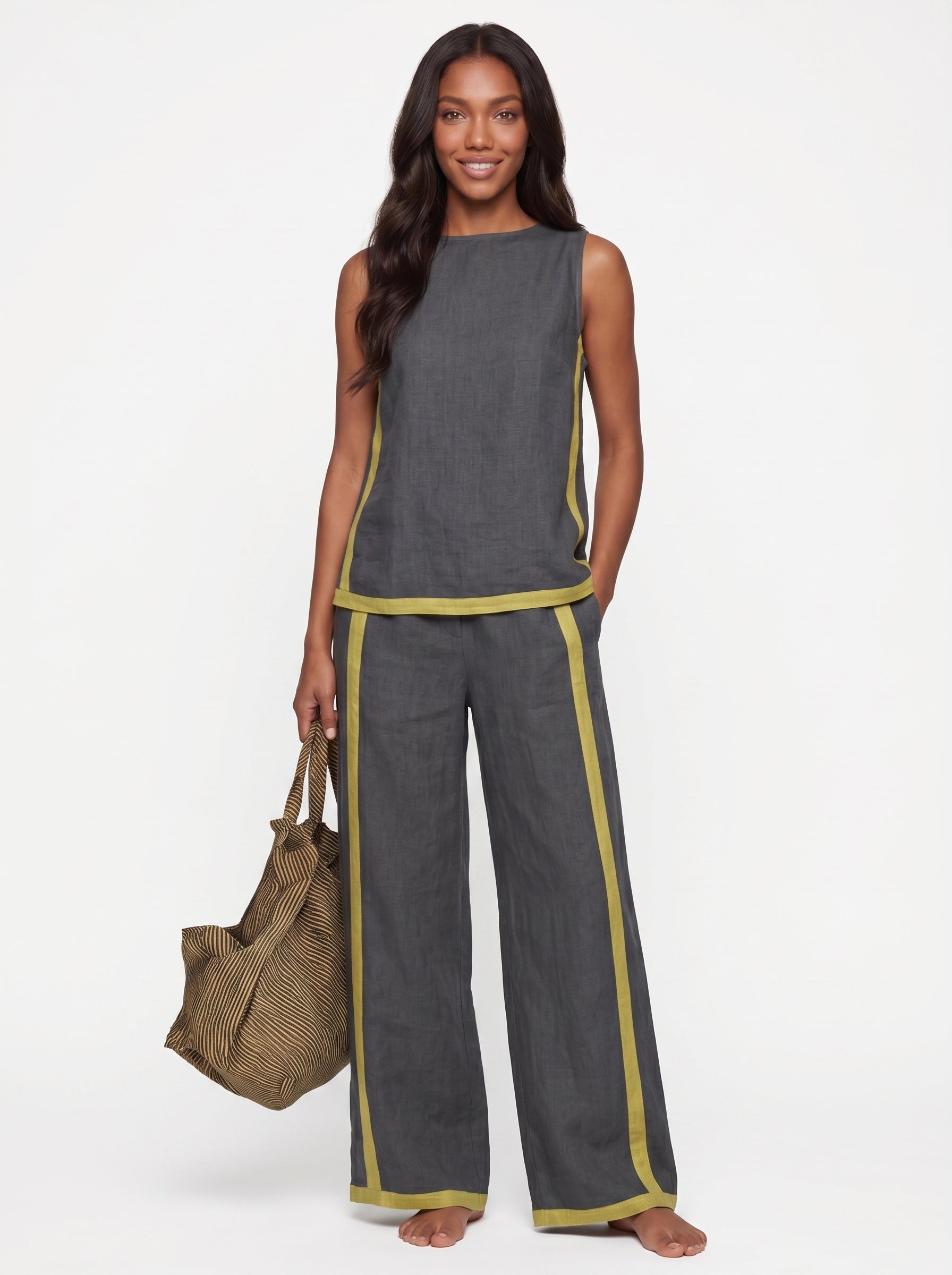 Stella | Sleek Linen Wide Leg Pants Two Piece Set with Contrast Trim — Gray_front