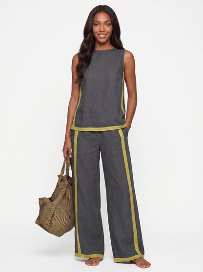 Stella | Sleek Linen Wide Leg Pants Two Piece Set with Contrast Trim — Gray_front