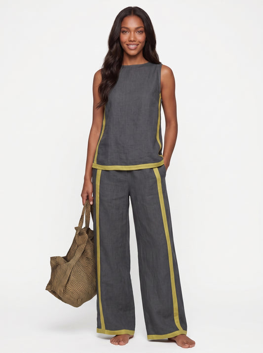 Stella | Sleek Linen Wide Leg Pants Two Piece Set with Contrast Trim — Gray_front