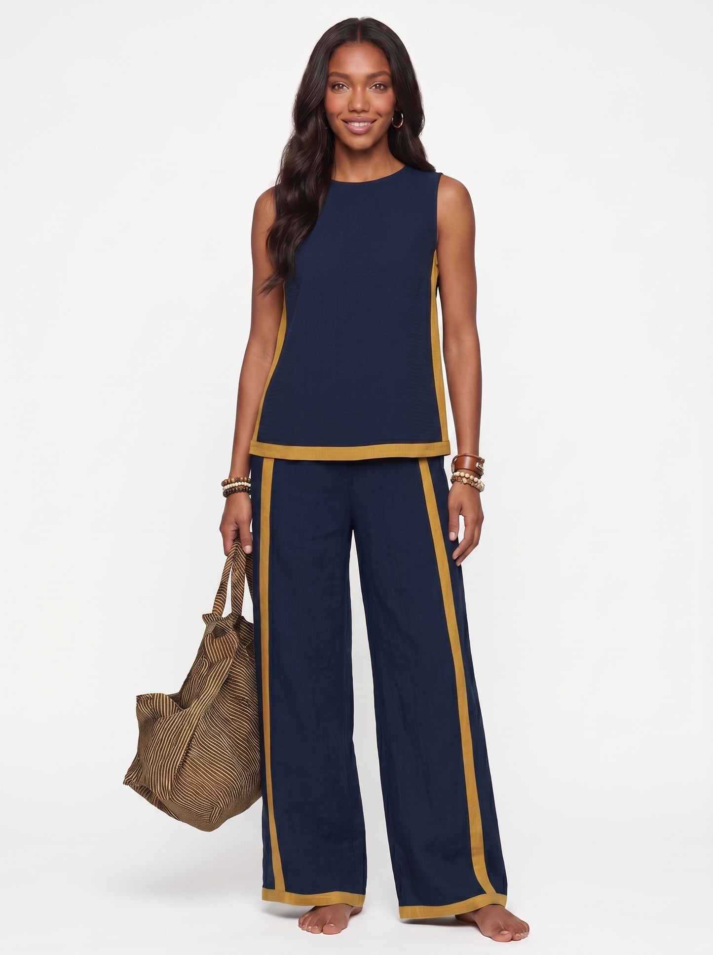 Stella | Sleek Linen Wide Leg Pants Two Piece Set with Contrast Trim — Navy Blue_front