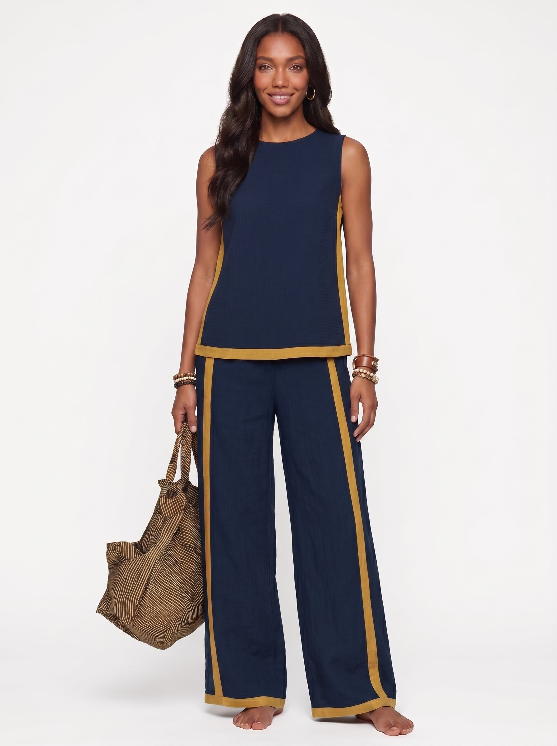 Stella | Sleek Linen Wide Leg Pants Two Piece Set with Contrast Trim — Navy Blue_front
