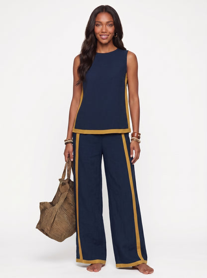 Stella | Sleek Linen Wide Leg Pants Two Piece Set with Contrast Trim — Navy Blue_front