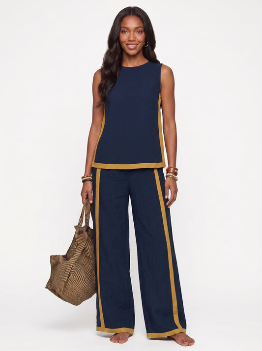 Stella | Sleek Linen Wide Leg Pants Two Piece Set with Contrast Trim — Navy Blue_front