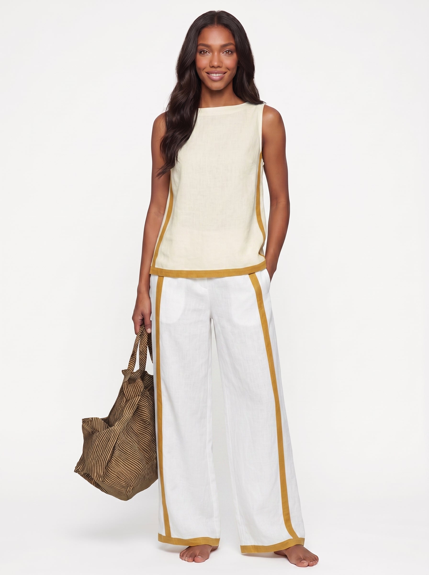 Stella | Sleek Linen Wide Leg Pants Two Piece Set with Contrast Trim — White_front