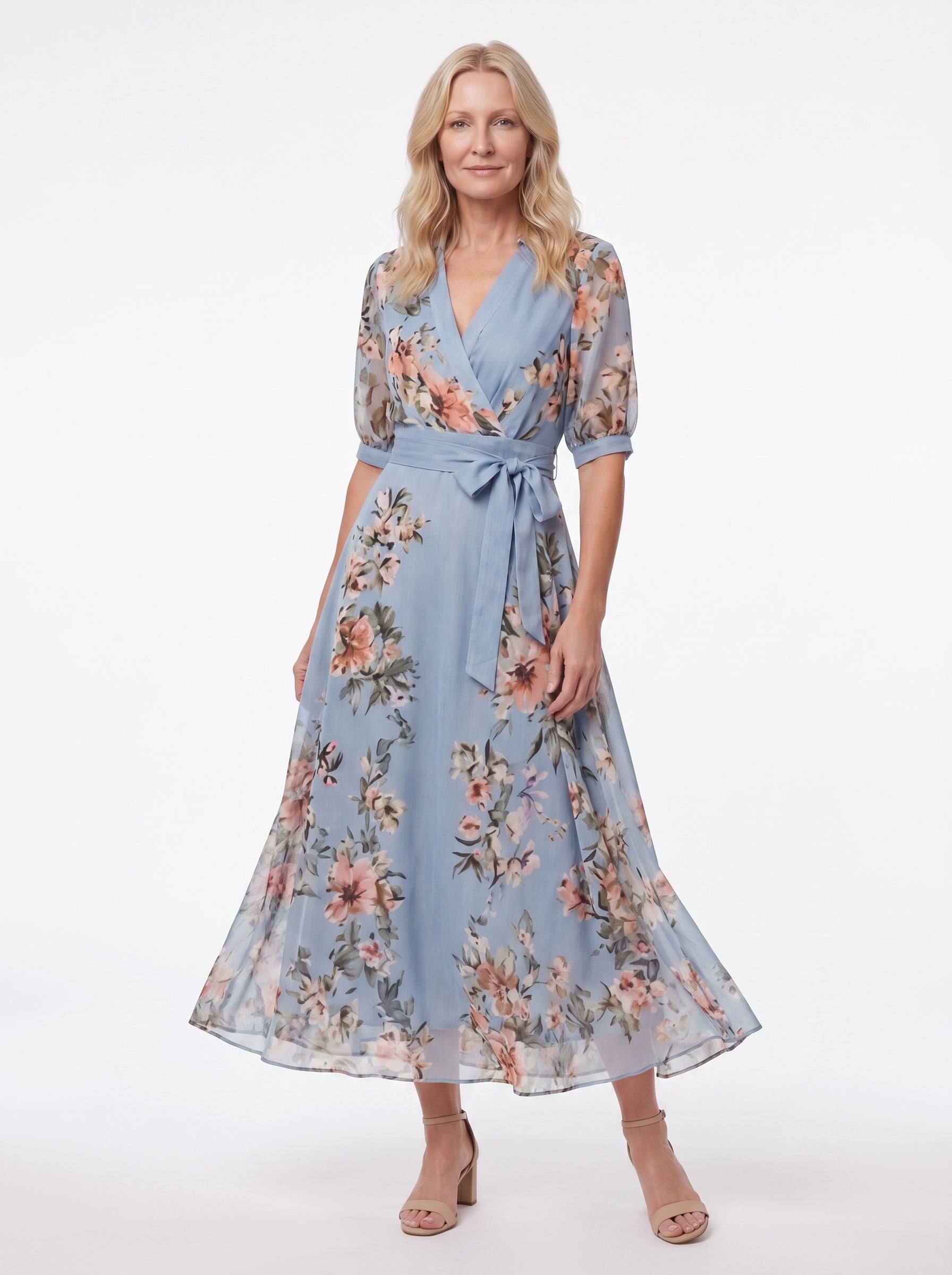 Vanessa - Floral Maxi Dress Wrap V-Neck with Belt and Puff Sleeves — front