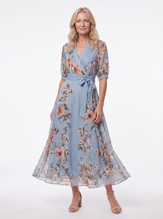 Vanessa - Floral Maxi Dress Wrap V-Neck with Belt and Puff Sleeves — front