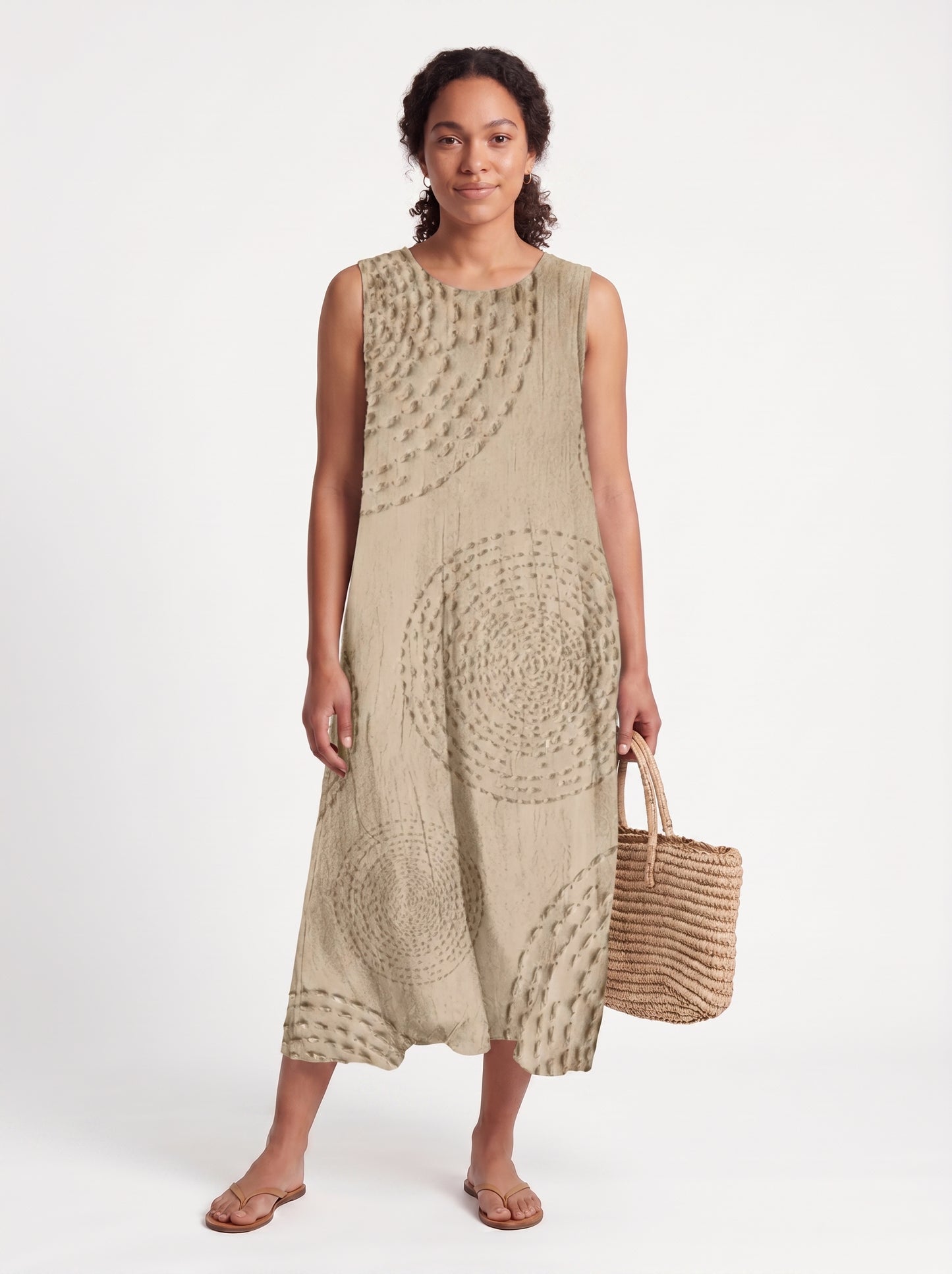 Vera | Effortless Boho Midi Sundress with Circular Textured Print — Apricot_front