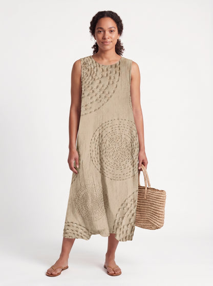 Vera | Effortless Boho Midi Sundress with Circular Textured Print — Apricot_front