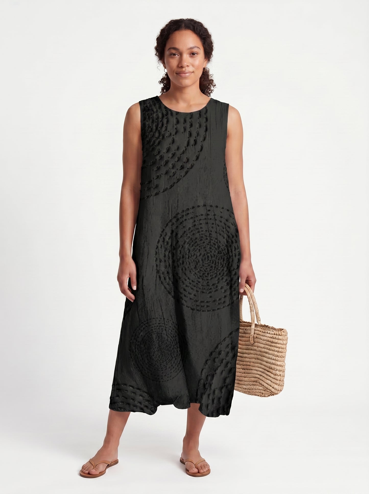 Vera | Effortless Boho Midi Sundress with Circular Textured Print — Black_front