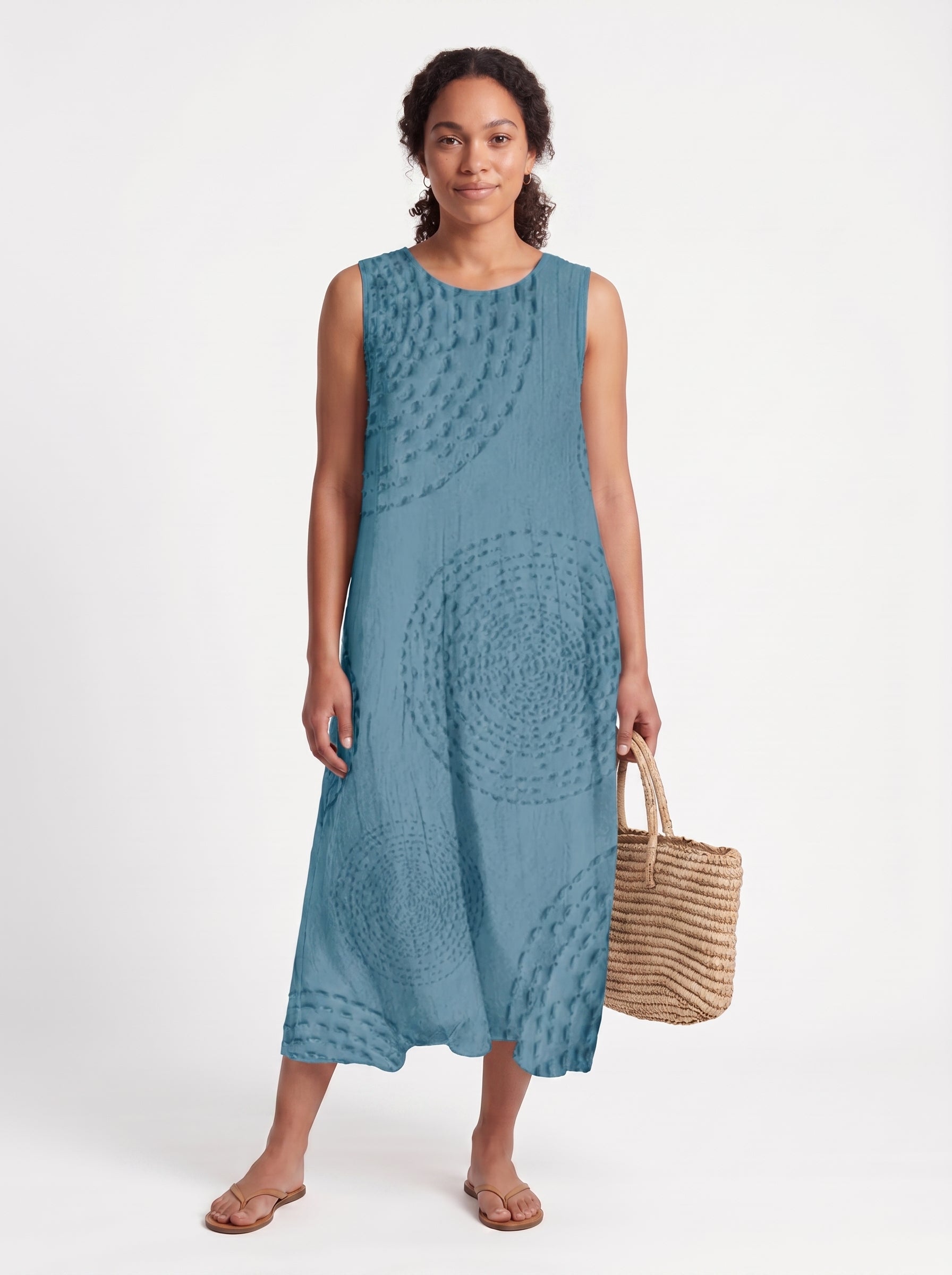 Vera | Effortless Boho Midi Sundress with Circular Textured Print — Blue_front