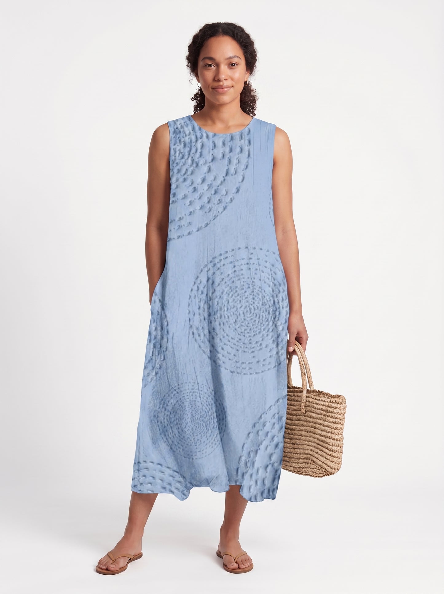 Vera | Effortless Boho Midi Sundress with Circular Textured Print — SkyBlue_front
