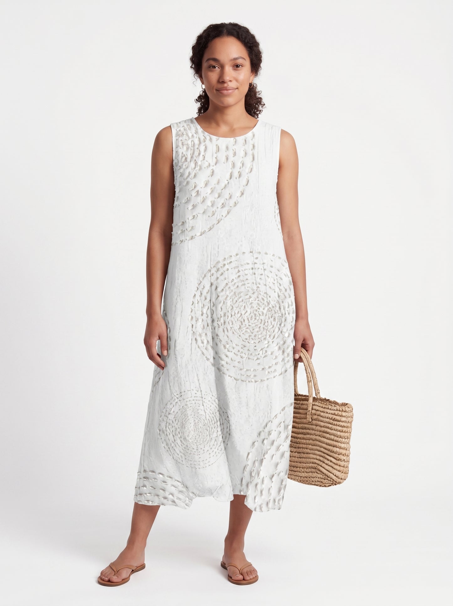 Vera | Effortless Boho Midi Sundress with Circular Textured Print — White_front