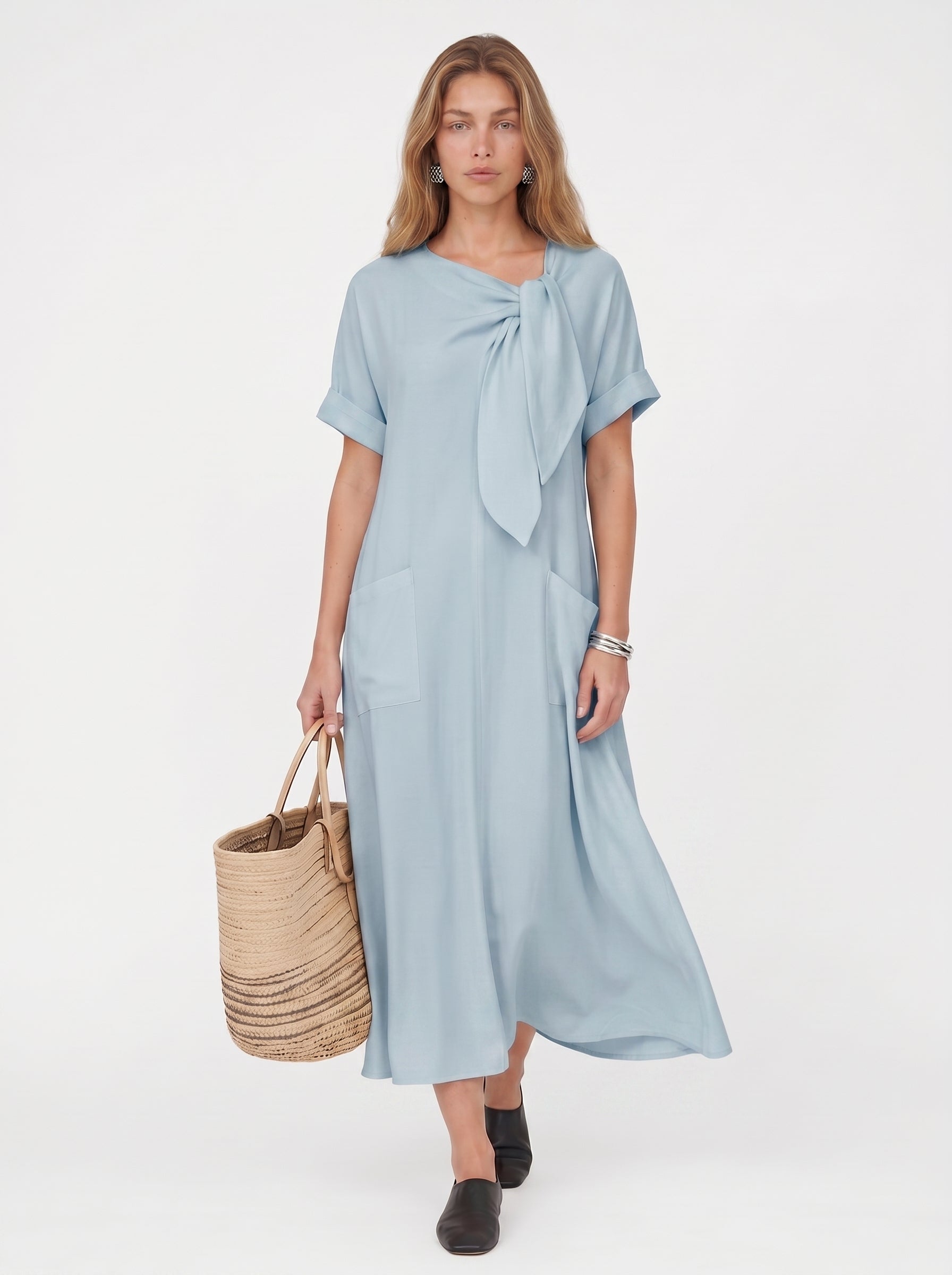 Vera | Effortless Flowy Maxi Dress with Bow Neckline & Front Pockets — Blue_front