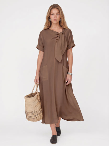 Vera | Effortless Flowy Maxi Dress with Bow Neckline & Front Pockets — Brown_front