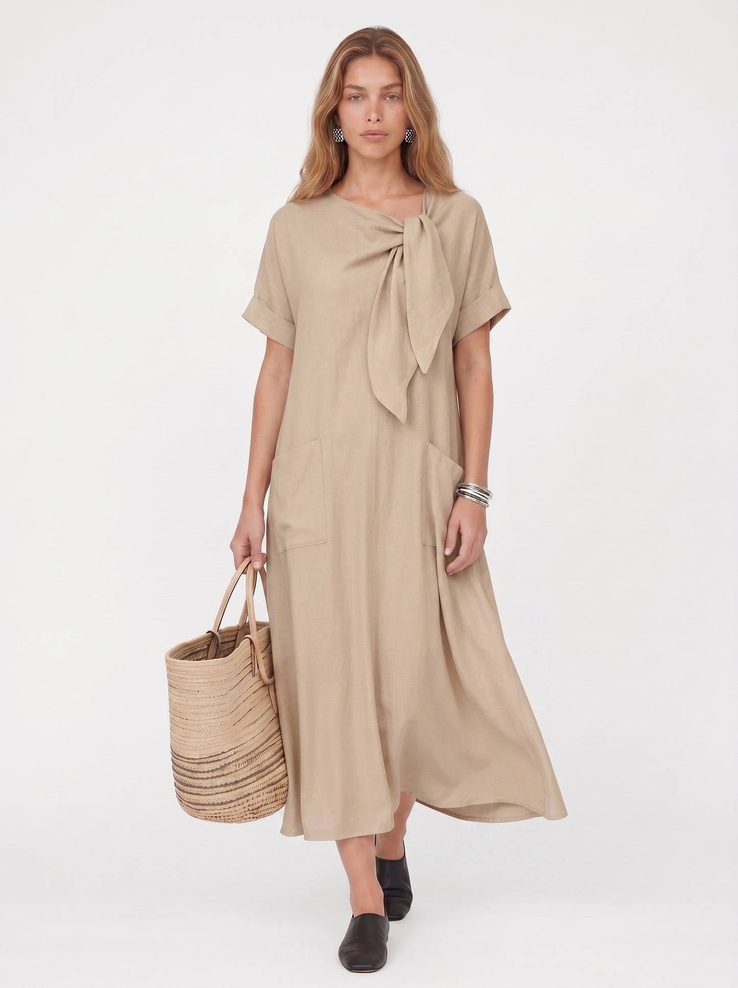 Vera | Effortless Flowy Maxi Dress with Bow Neckline & Front Pockets — Khaki_front