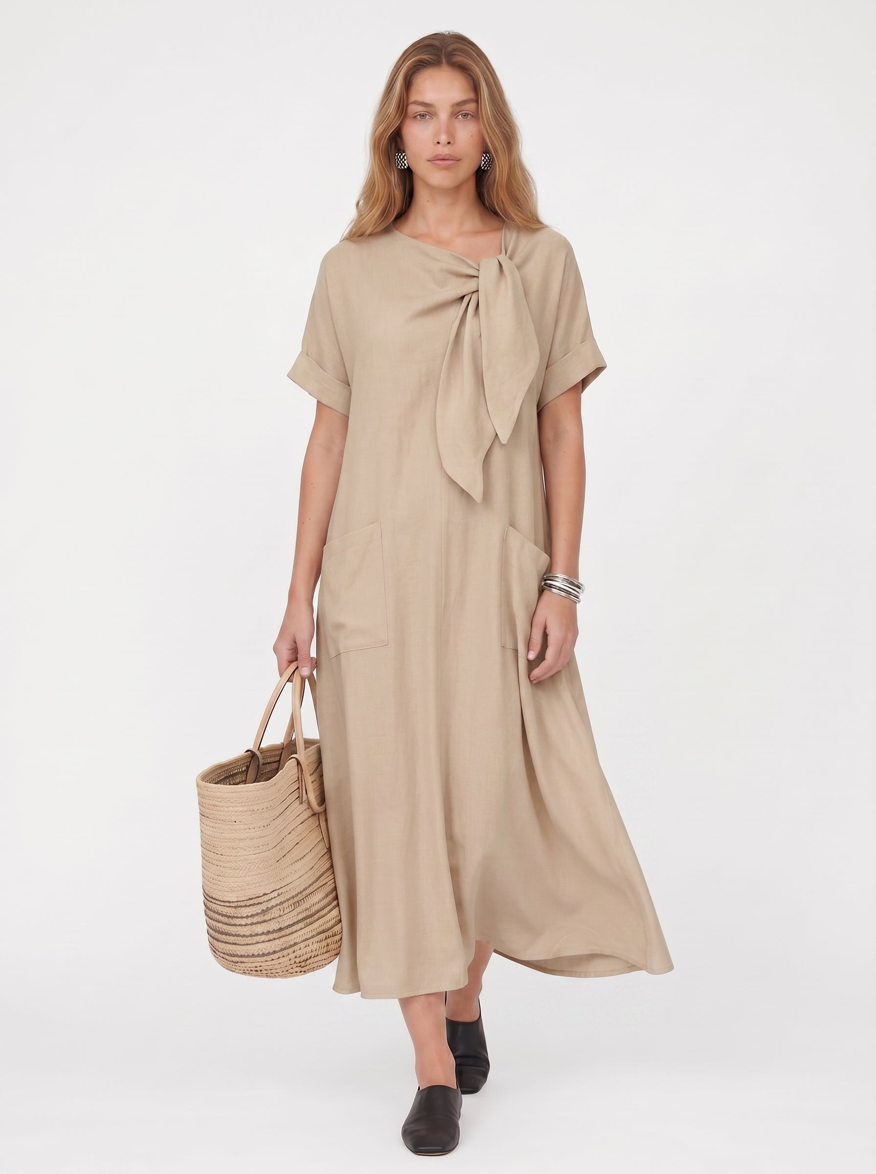 Vera | Effortless Flowy Maxi Dress with Bow Neckline & Front Pockets — Khaki_front