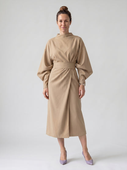 Vera | Elegant Maxi Dress with Belted Waist & Wide Sleeves — Beige_front