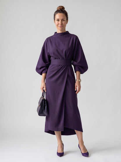 Vera | Elegant Maxi Dress with Belted Waist & Wide Sleeves — Purple_front