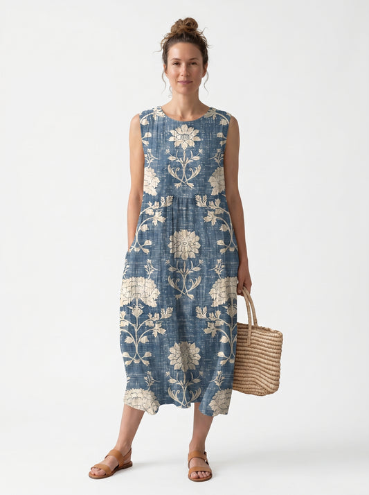 Vera | Floral Midi Sundress | Sleeveless Boho Maxi Dress with Vintage Print — front
