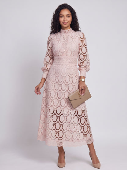 Vivienne - Midi Cocktail Dress with Lace and Puff Sleeves and High Collar — Apricot_front