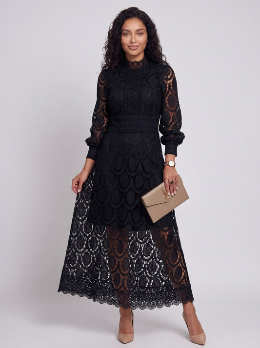 Vivienne - Midi Cocktail Dress with Lace and Puff Sleeves and High Collar — Black_front