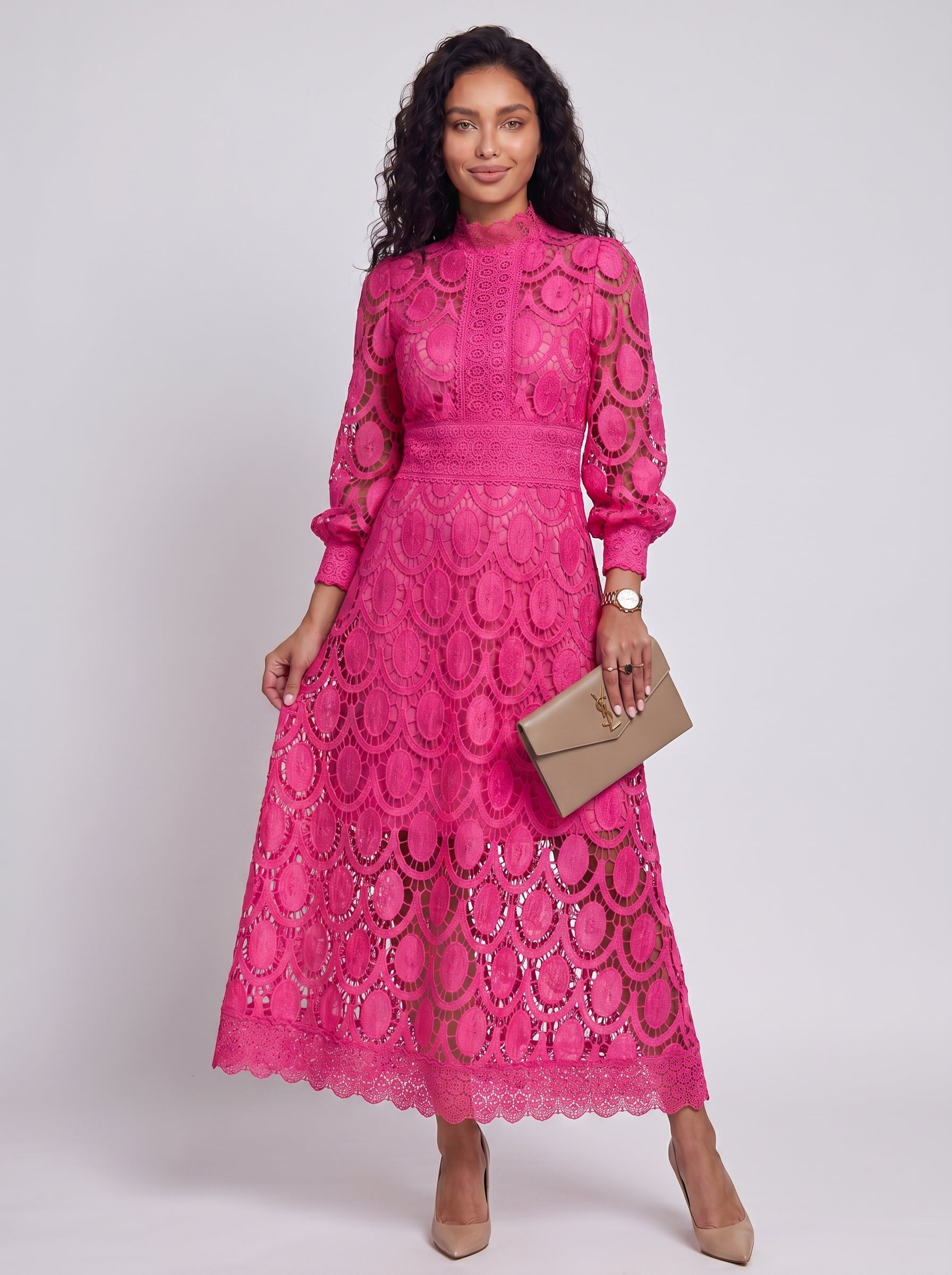 Vivienne - Midi Cocktail Dress with Lace and Puff Sleeves and High Collar — Pink_front